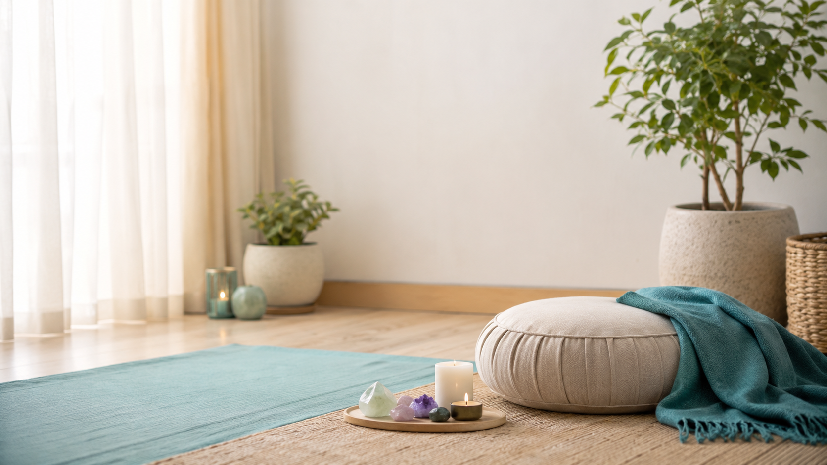 Calm floor space with cushion, crystals and teal blanket