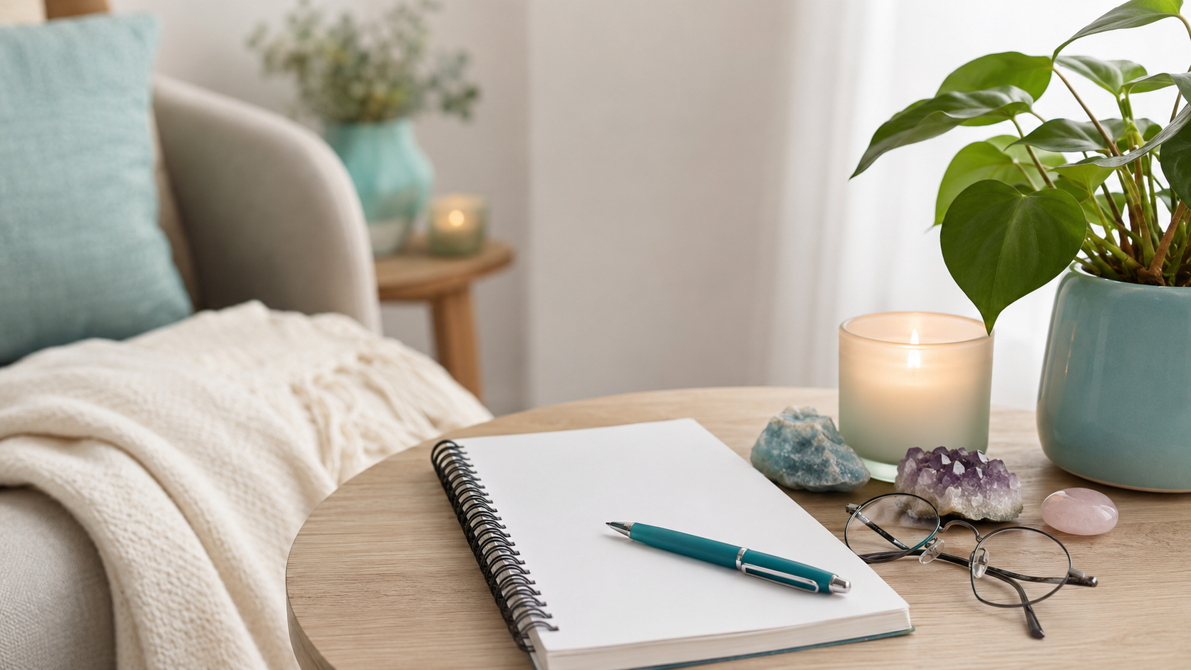 Notebook, glasses, crystals and candle in a calm consultation setting