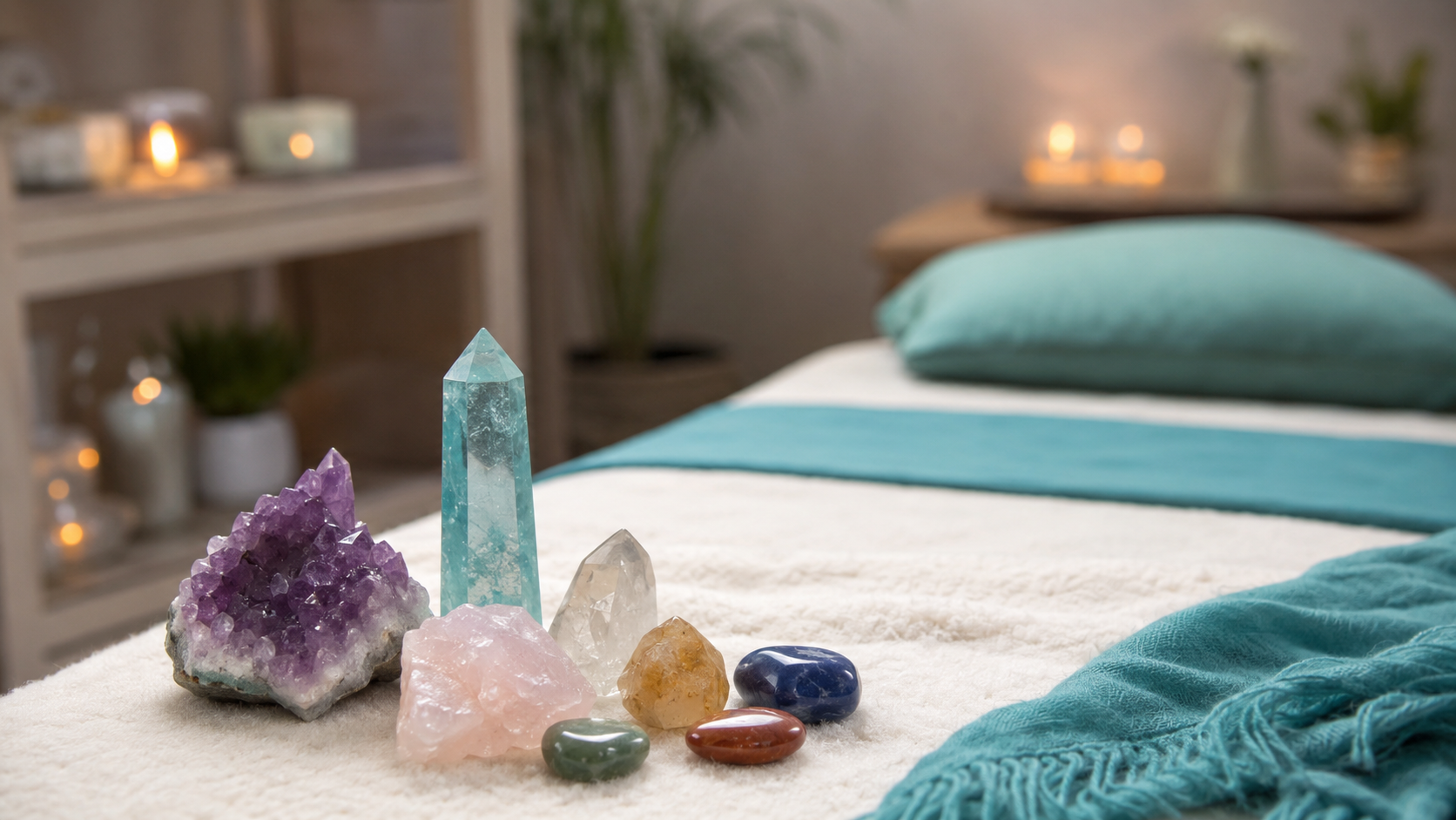 Crystals arranged on a treatment bed in a calm holistic room
