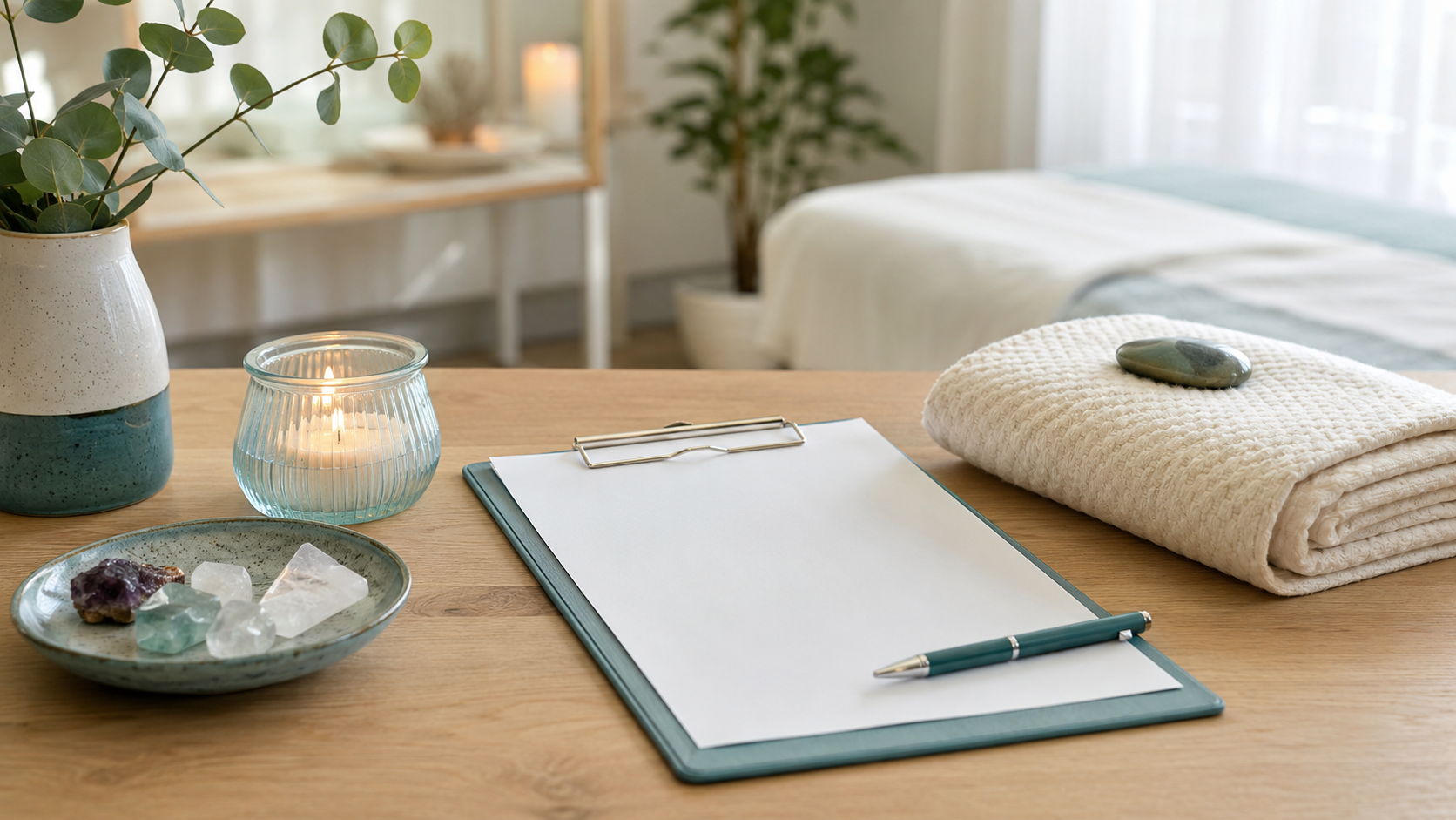 Clipboard, candle, crystals and towels in a calm treatment room
