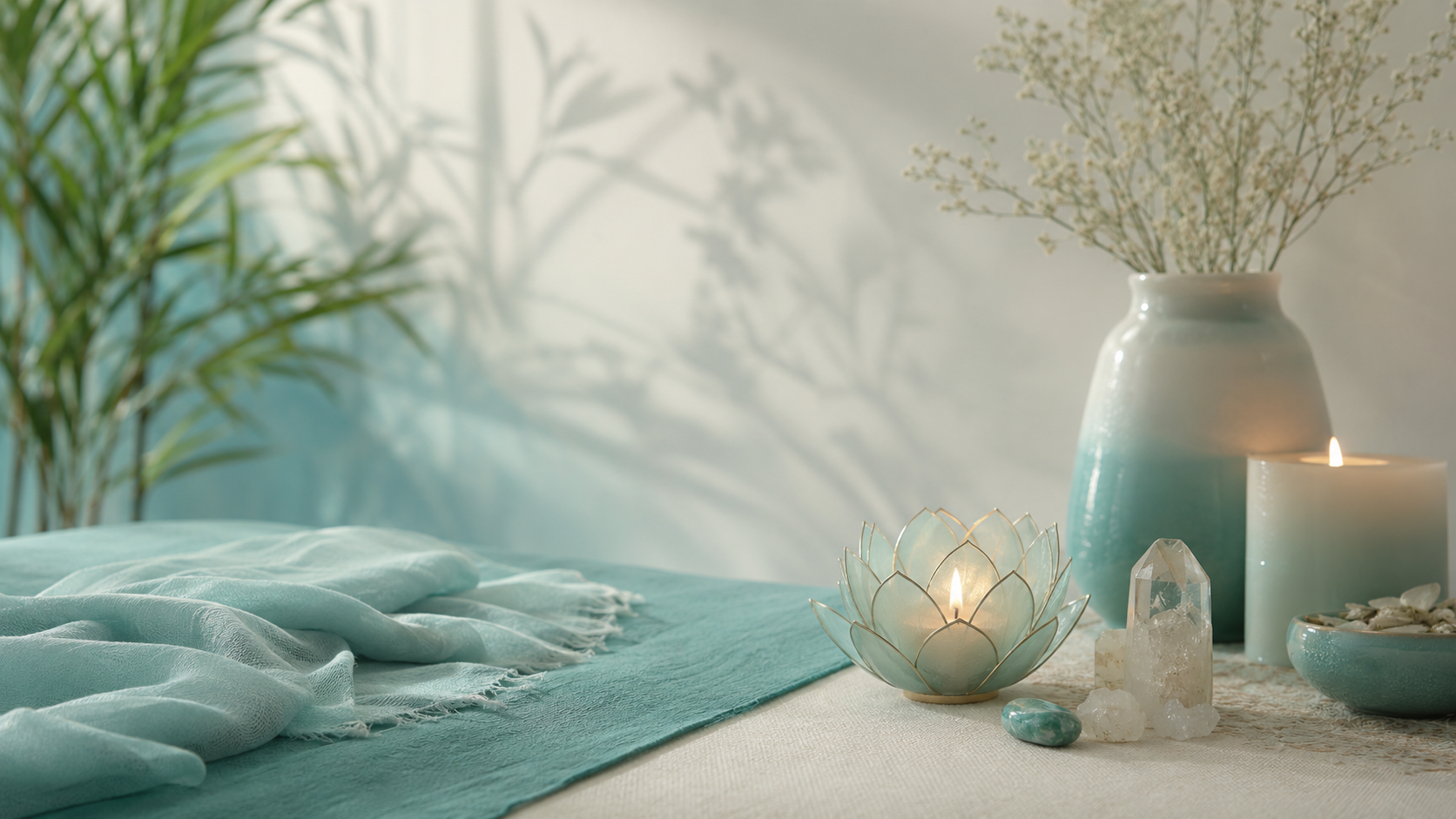 Lotus candle, crystals and teal textile in a calming therapy setting