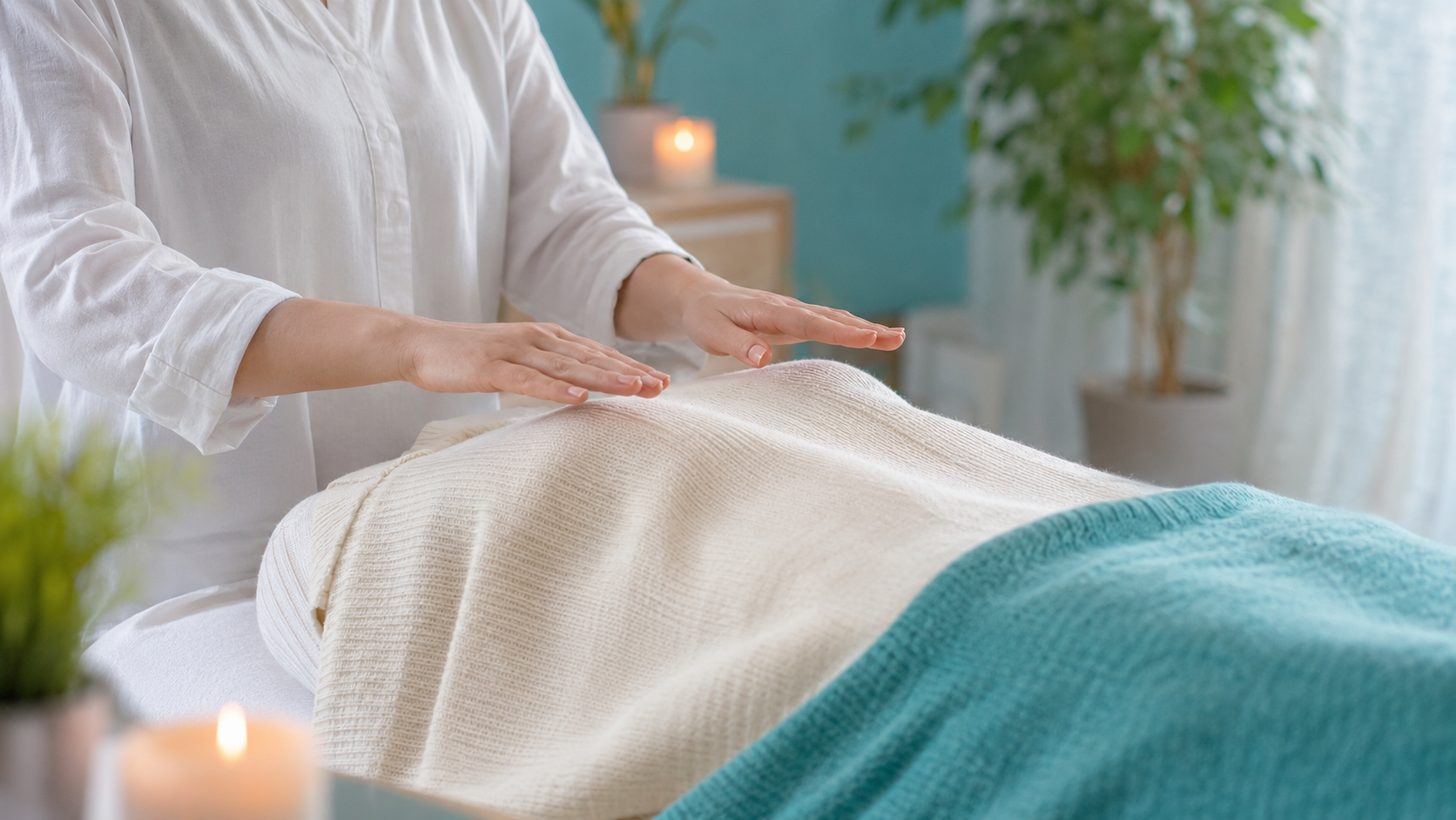 Hands held above a client during an energy healing treatment
