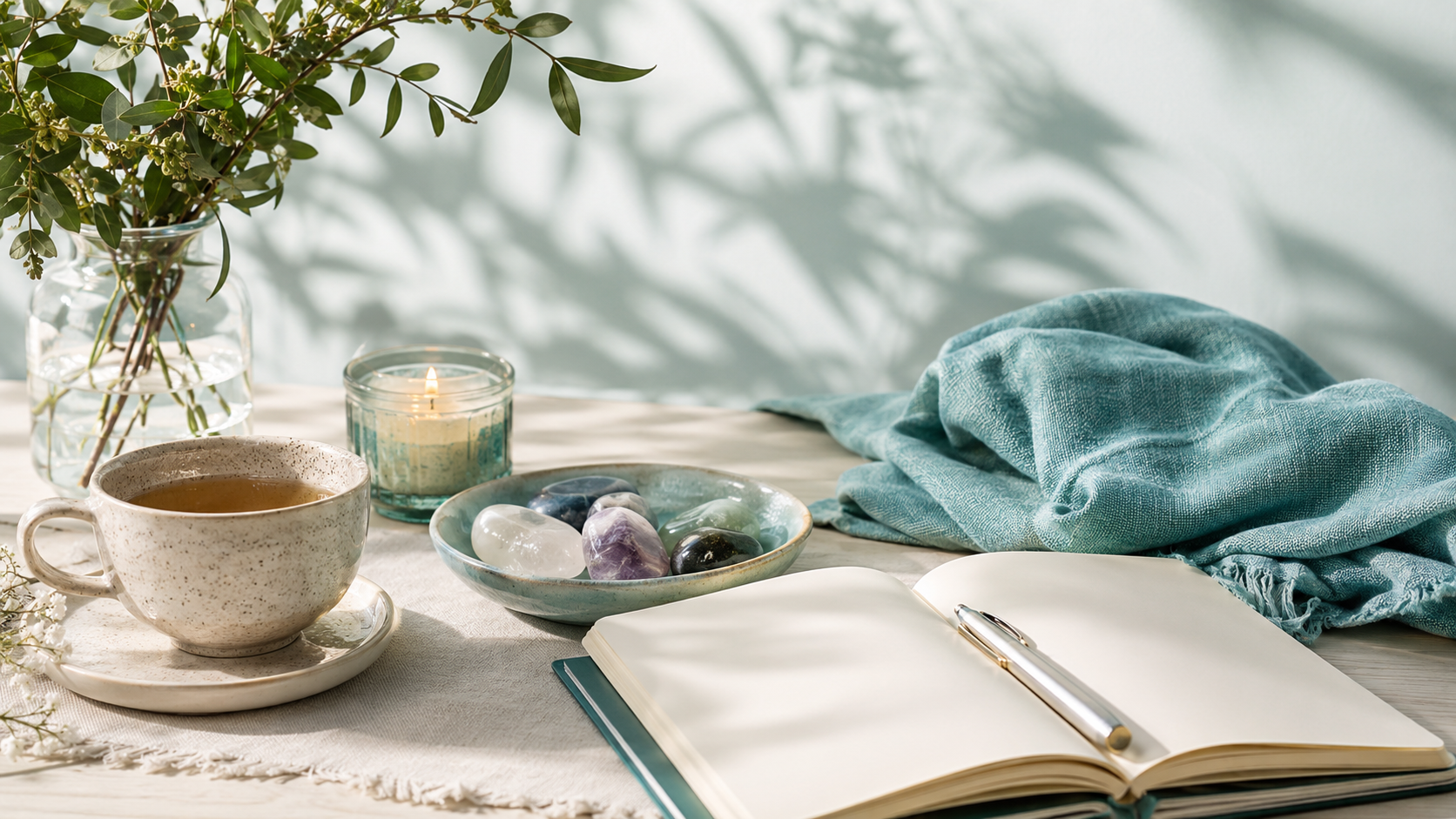 Tea, crystals, notebook and teal textile in a calming setting