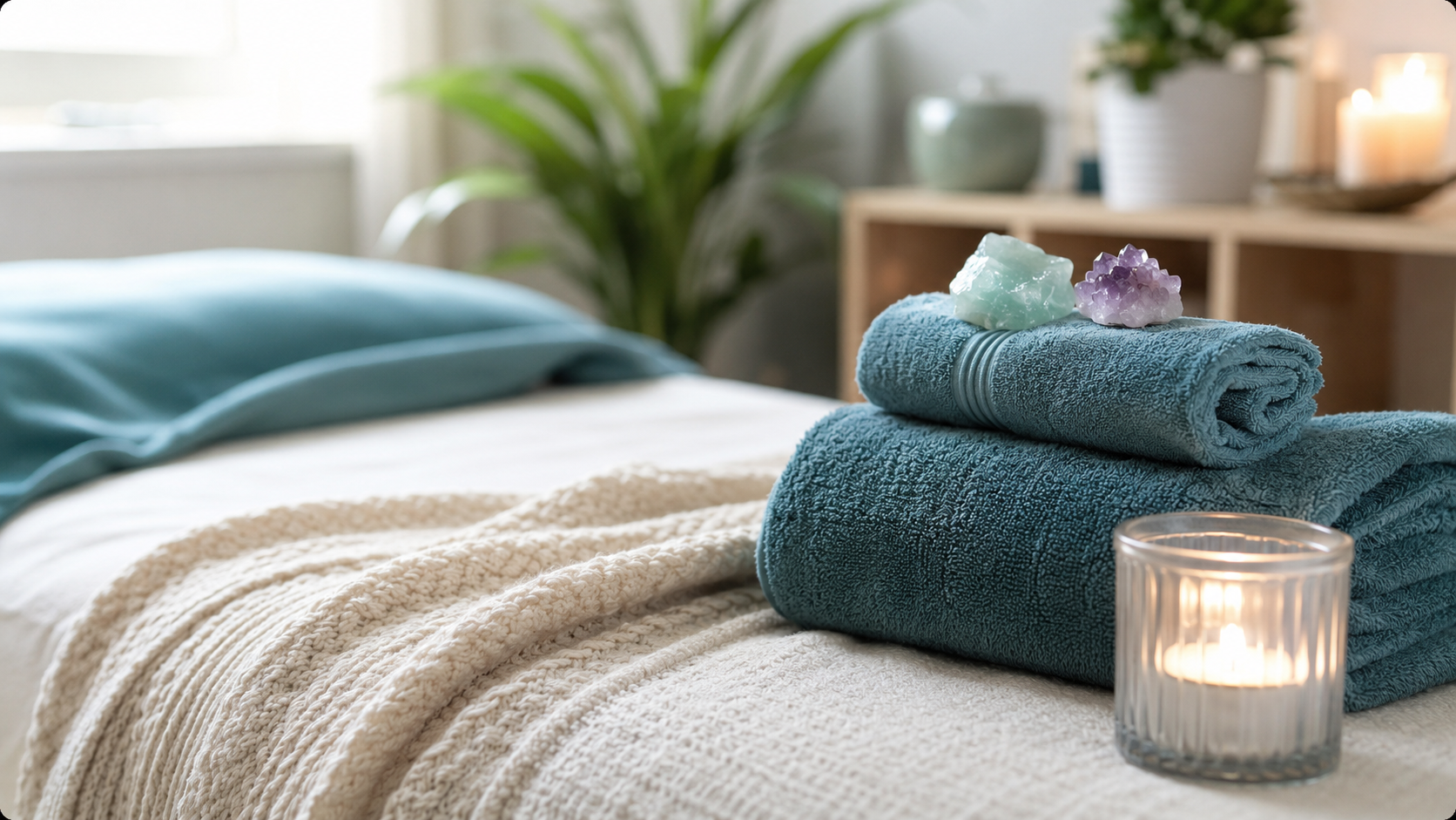 Teal towels, crystals and candle in a calming treatment room