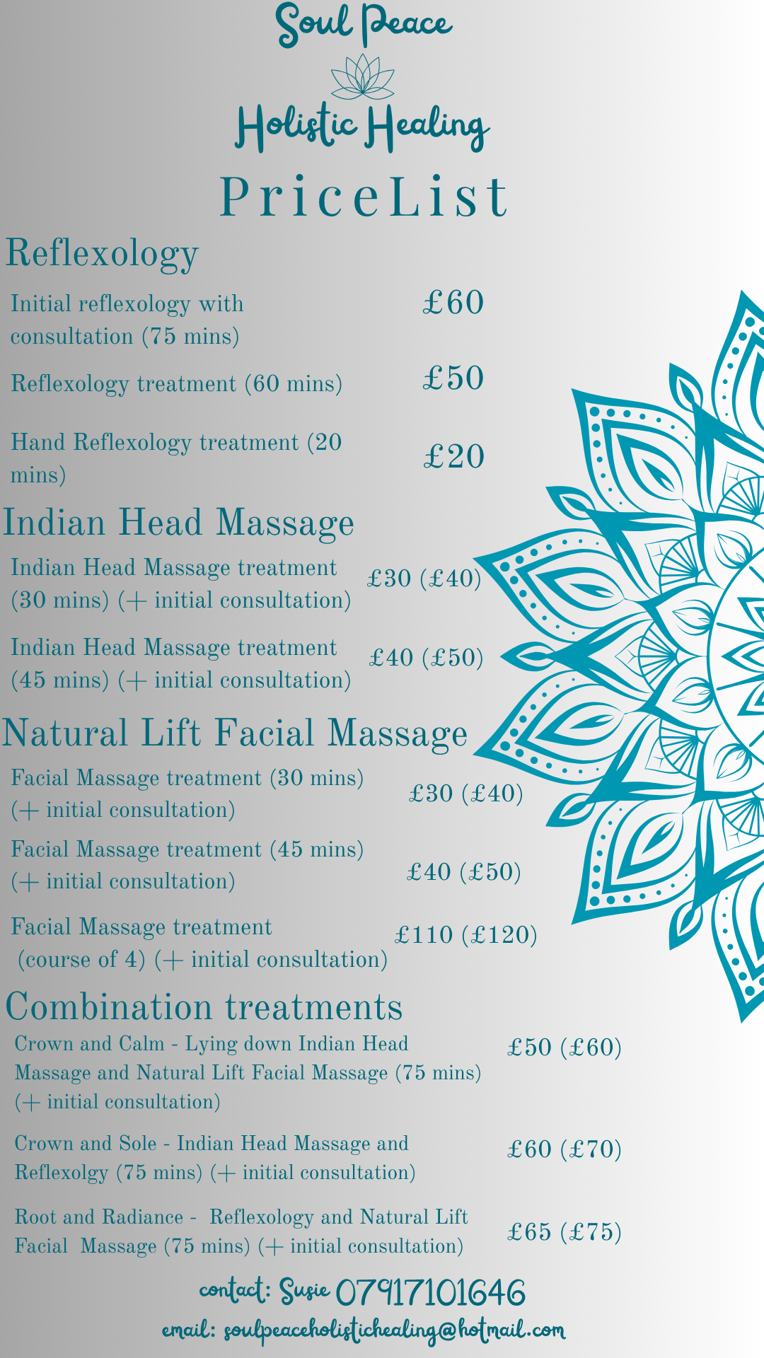 Soul Peace Holistic Healing price list for reflexology, massage and combinations