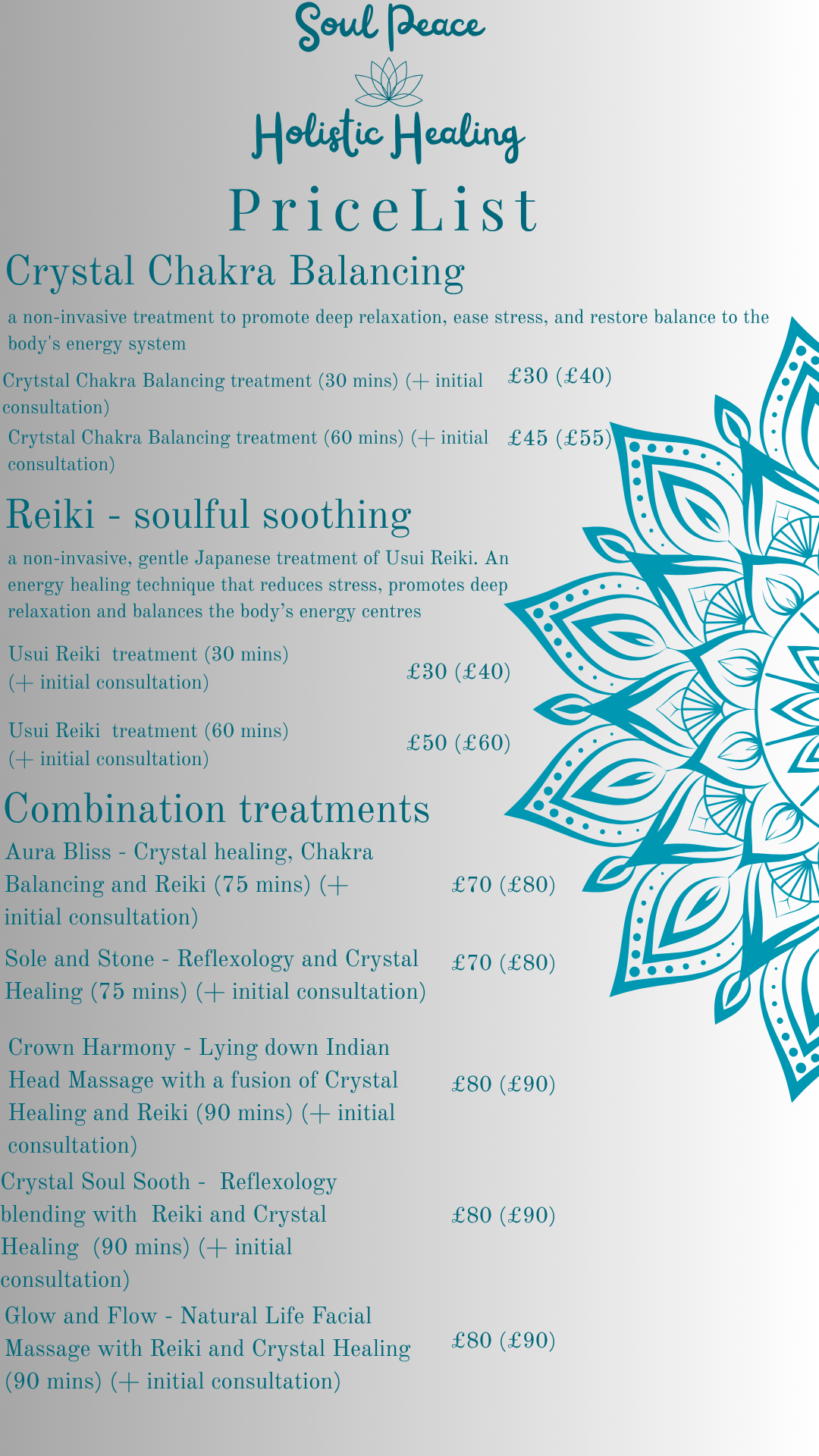 Soul Peace Holistic Healing price list for crystal chakra balancing, Reiki and combinations